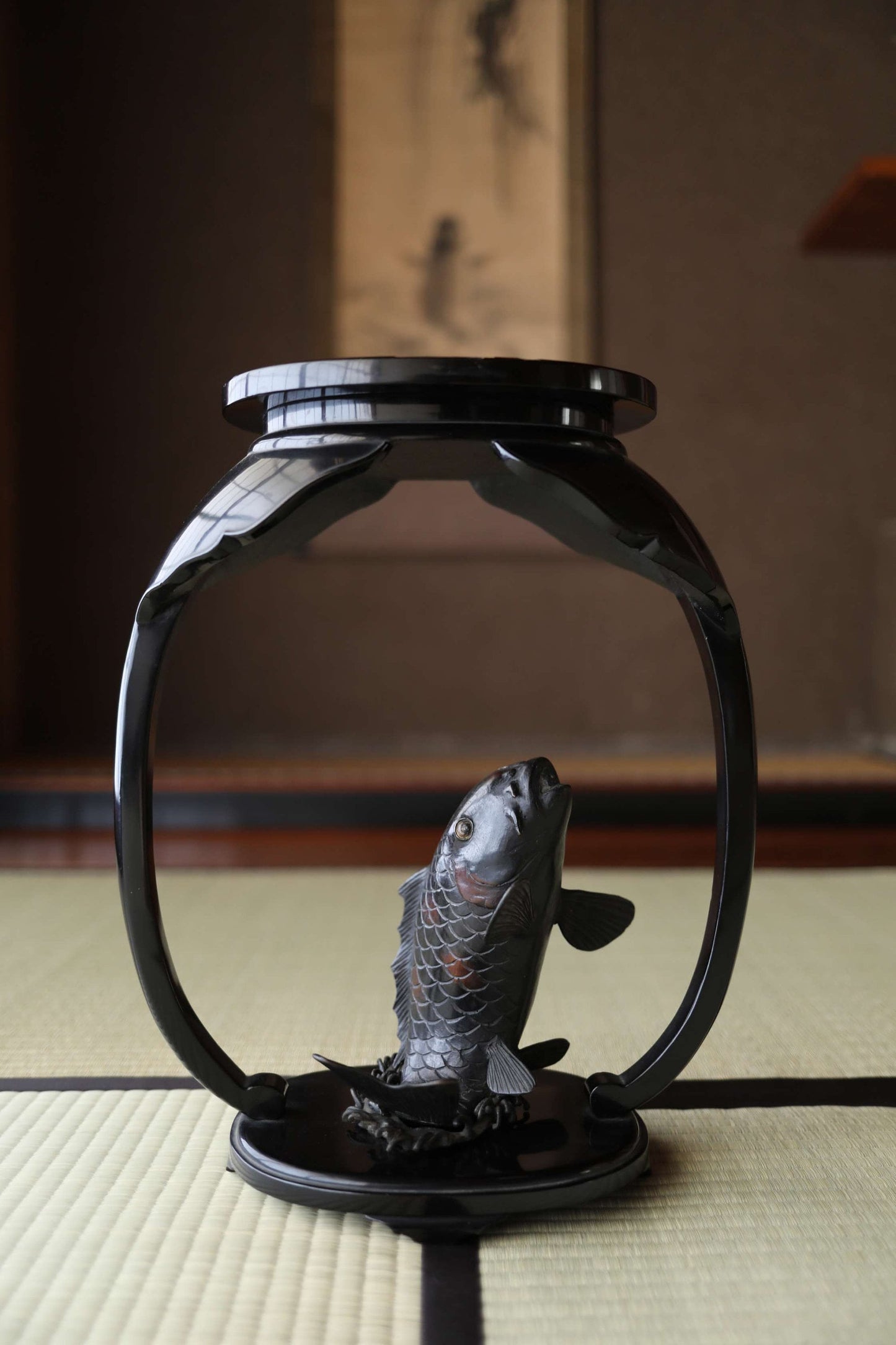 Japanese Lacquer Pedestal - Large Antique Black Wooden Display Stand for Ikebana & Bonsai