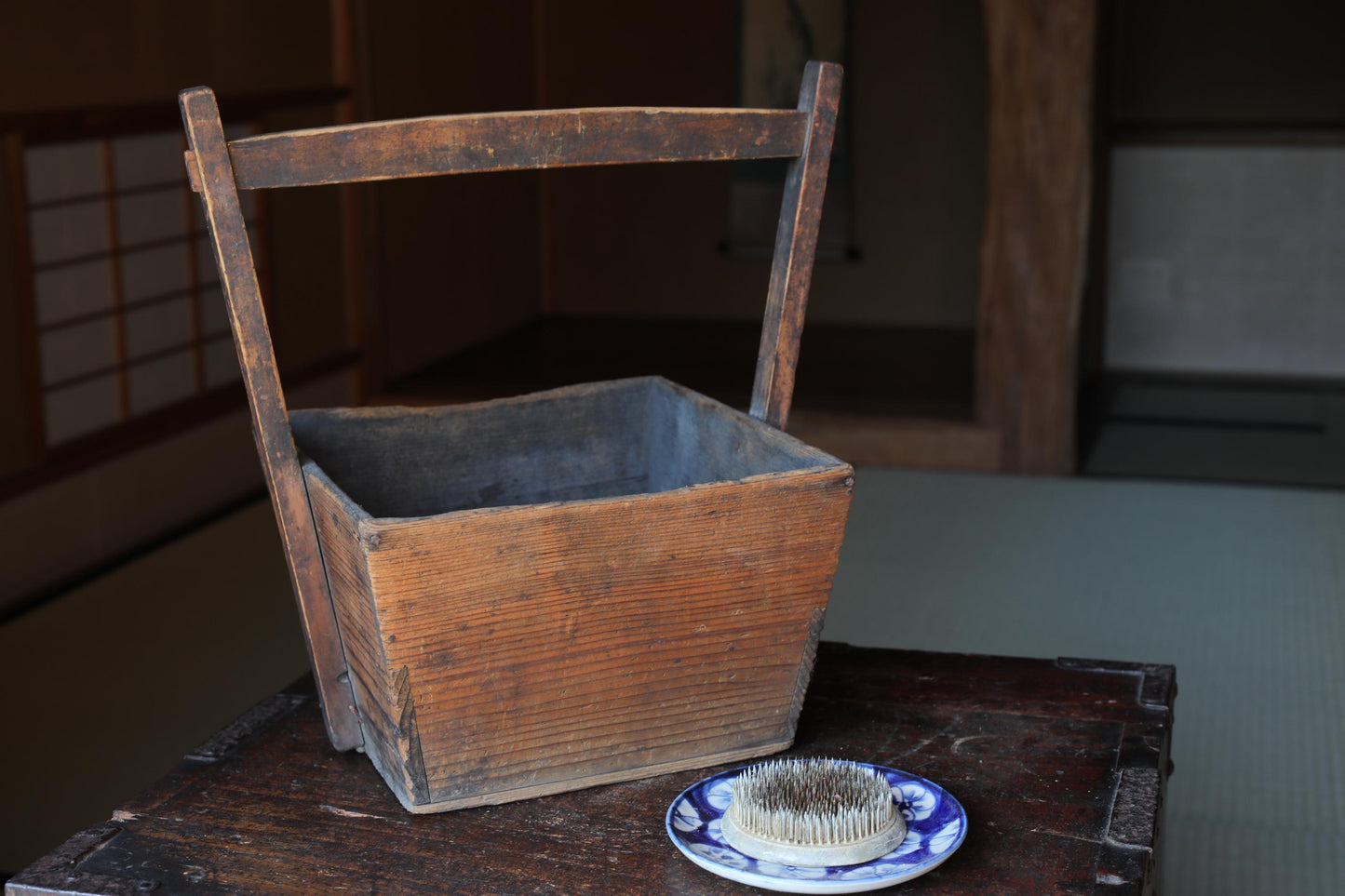 Japanese Charcoal Container - Vintage Wooden Vase with Rustic Kenzan Set