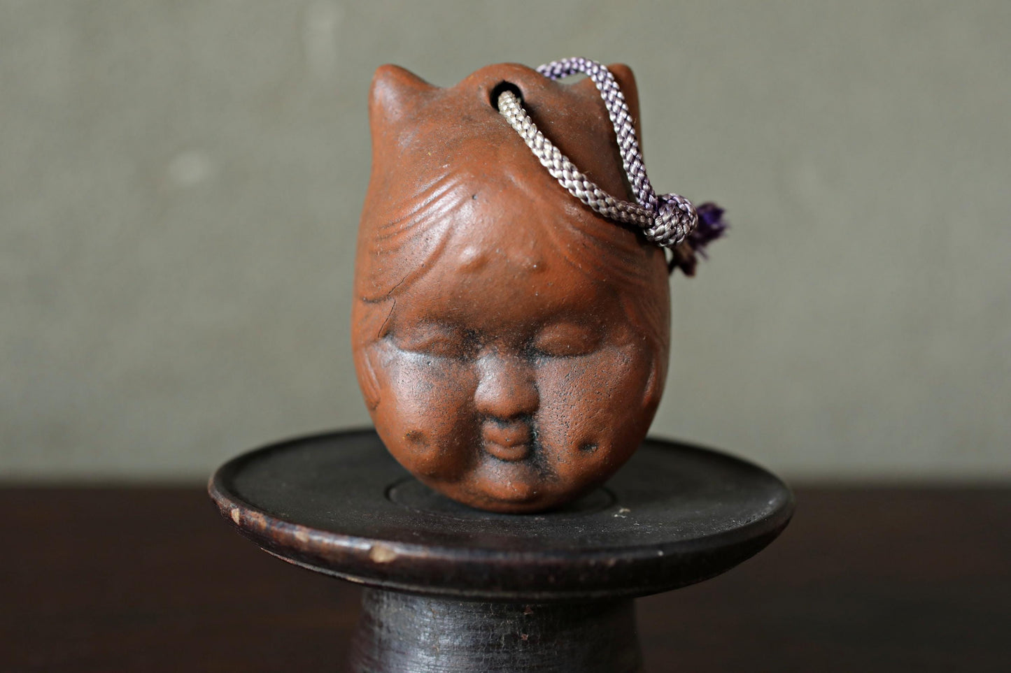 Japanese Pottery Bell - Vintage Oni Demon & Okame Mask Doll Ornament