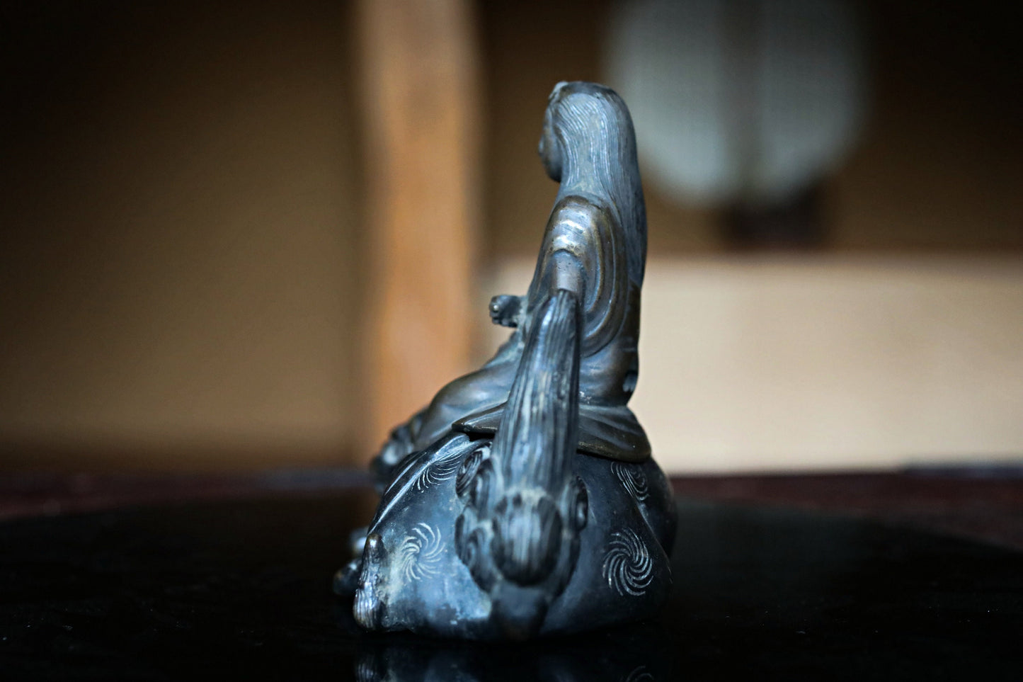 Japanese Bronze Incense Burner - Antique Edo Period Koro Statue with Kannon on Shishi Lion