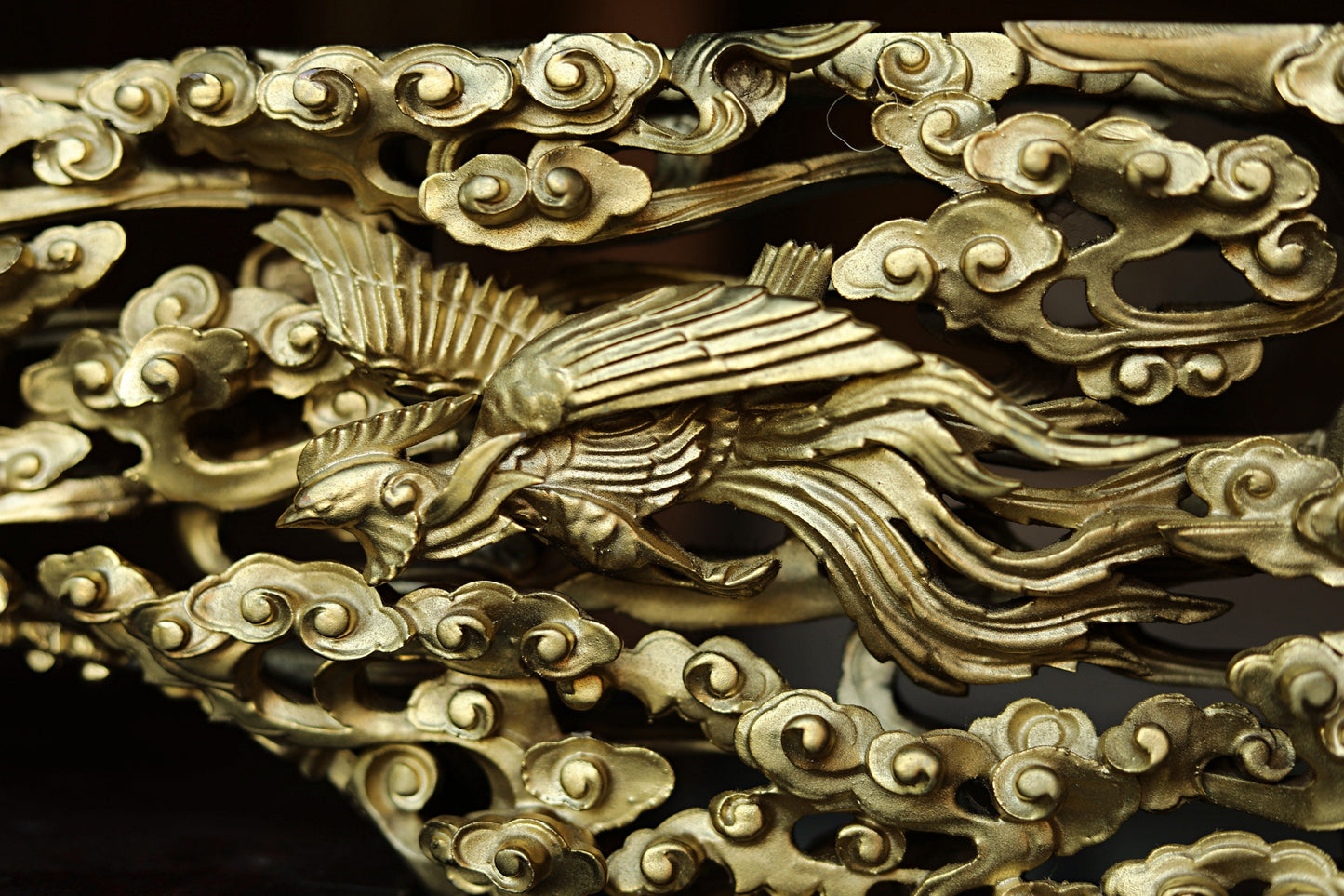 Japanese Gold Phoenix Carving – Hand Carved Wood Panel With Celestial Clouds