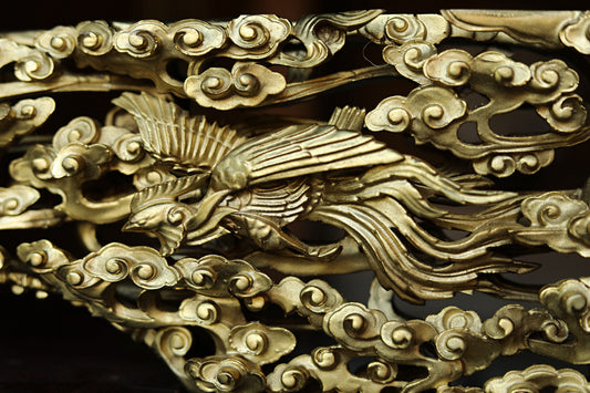 Japanese Gold Phoenix Carving – Hand Carved Wood Panel With Celestial Clouds