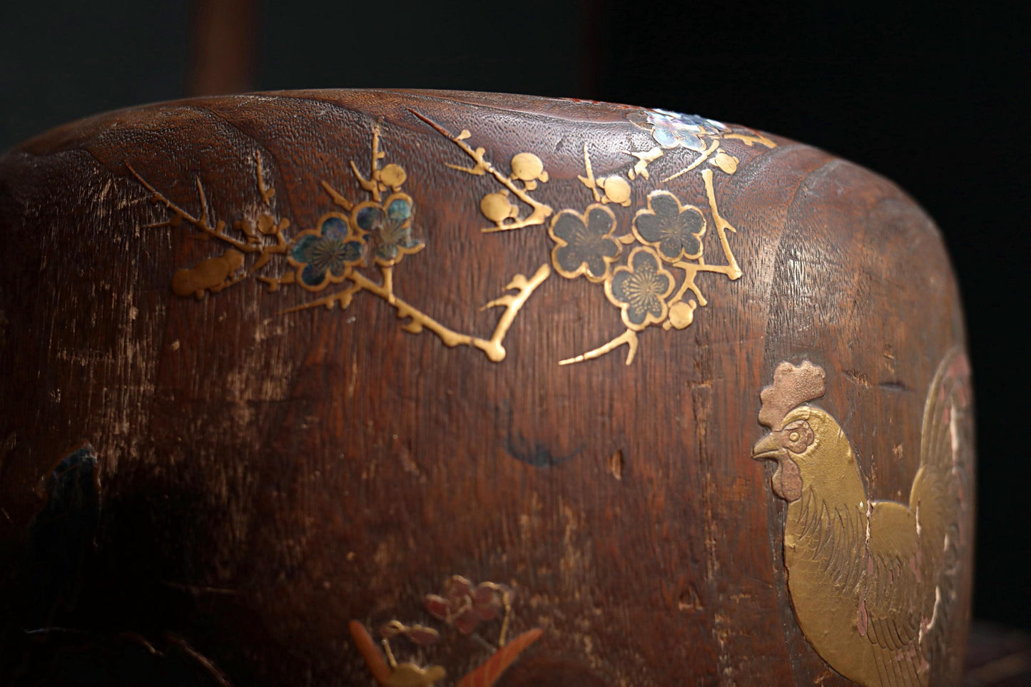Antique Japanese Hibachi | Traditional Charcoal Brazier with Makie Quail & Plum Blossom Inlay