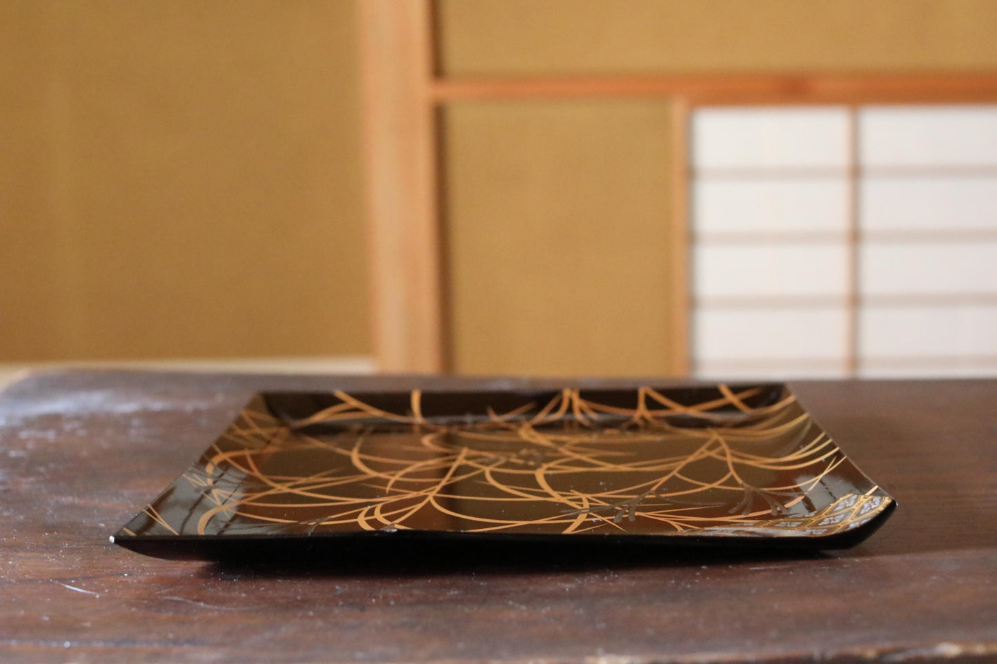 Japanese Lacquer Tray - Antique Black Urushi Tray with Makie Gold Pampas Grass Design