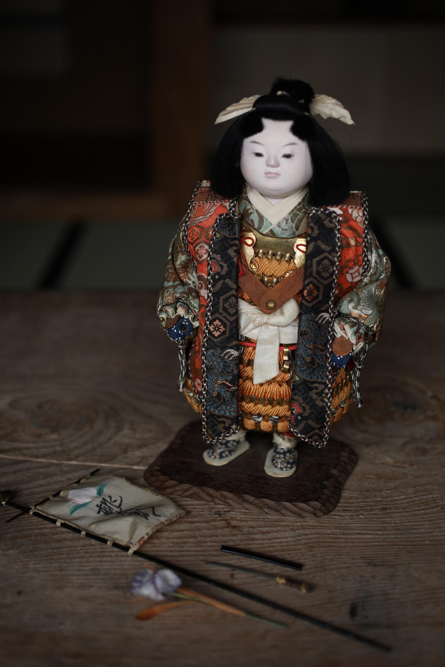 Vintage Kabuki Doll - 1960s Momotaro Wooden Doll With Silk Kimono Gift Box
