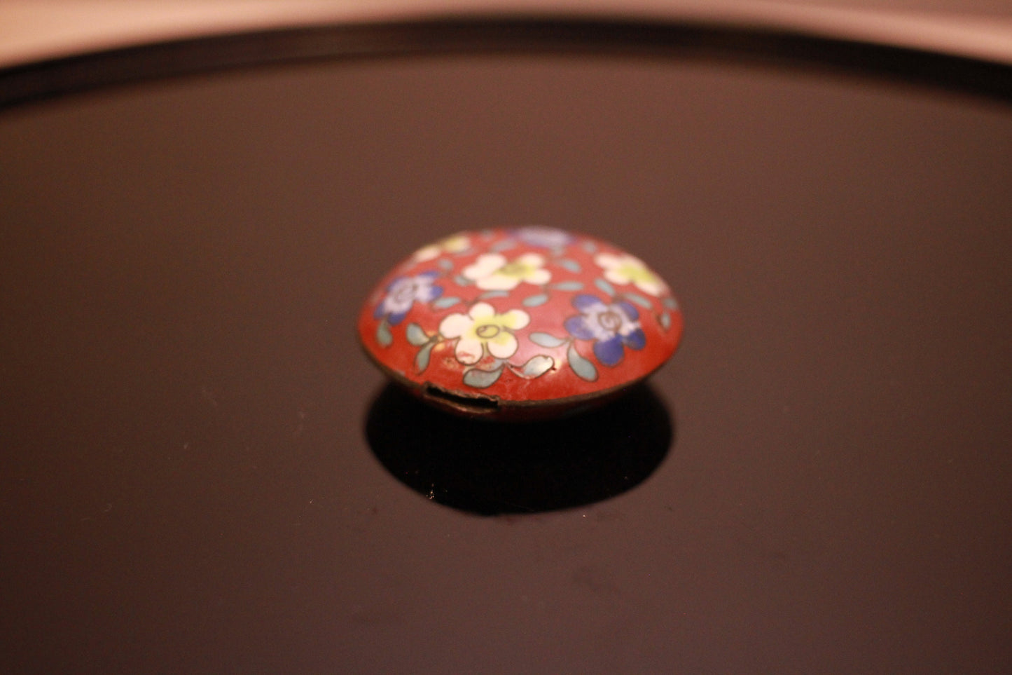 Antique Cloisonne Bead – Japanese Ojime Bead With Red Floral Motif & Silver Fittings
