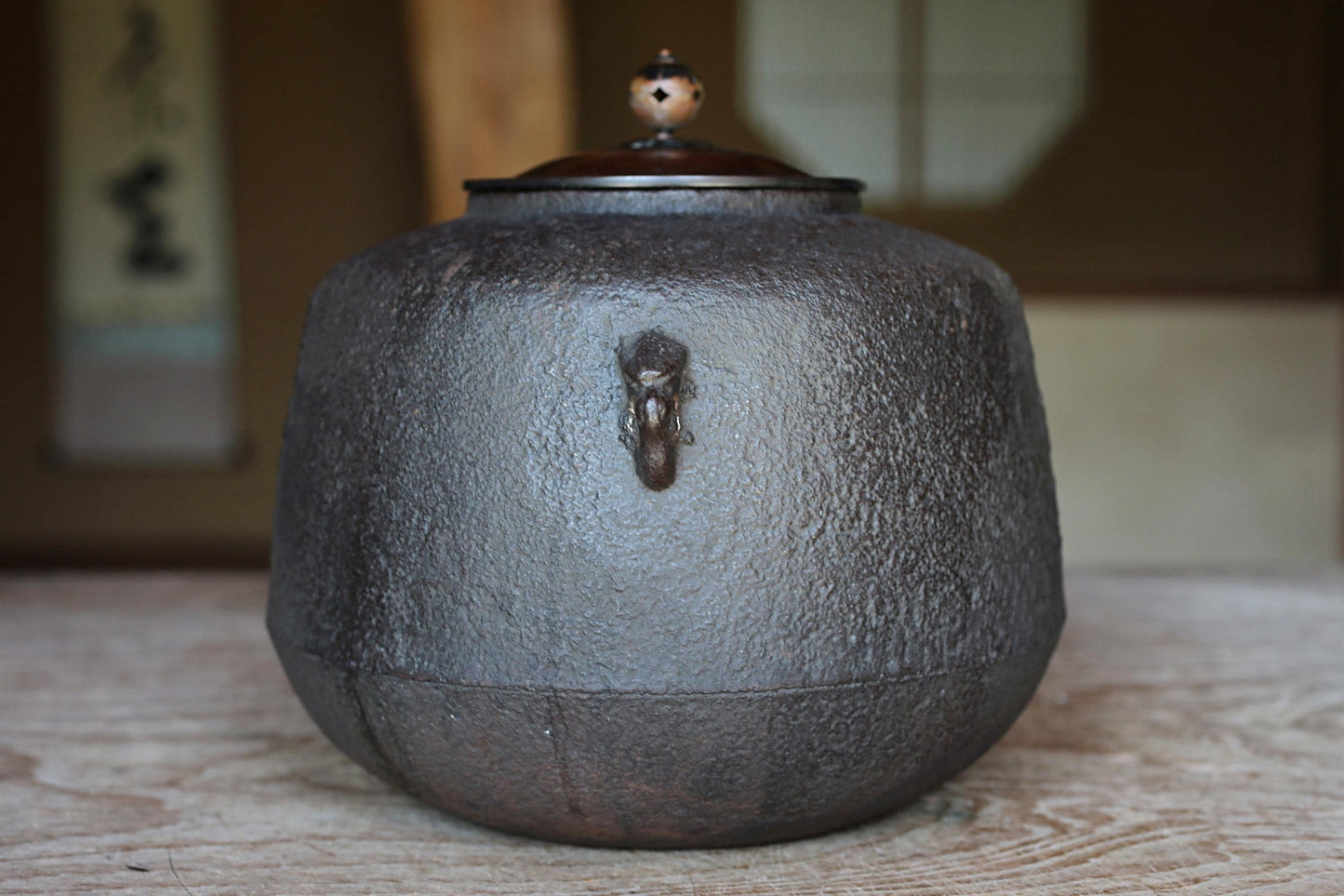 Japanese Cast Iron Kettle - Vintage Kyoto Temple Tea Ceremony Kettle with Copper Lid