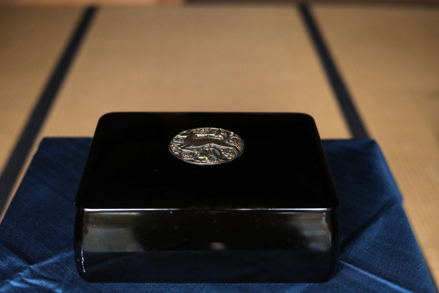 Japanese Lacquer Box – Black Urushi Fubako With Hand Engraved Brass Emblem