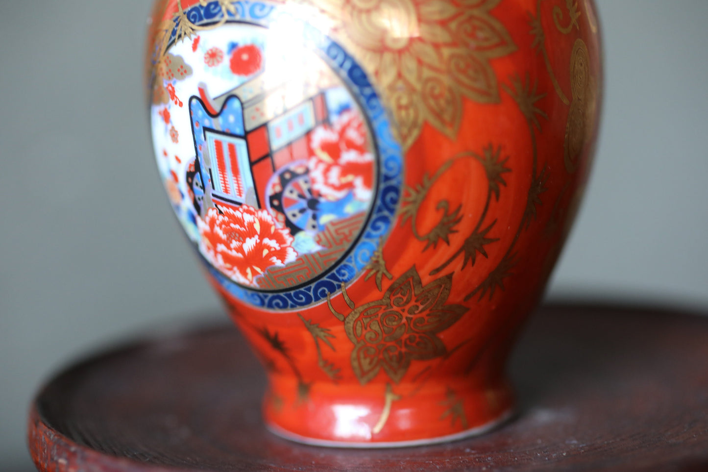 Japanese Kutani Vase - Small Porcelain Jar with Red Gold Floral Design, Signed