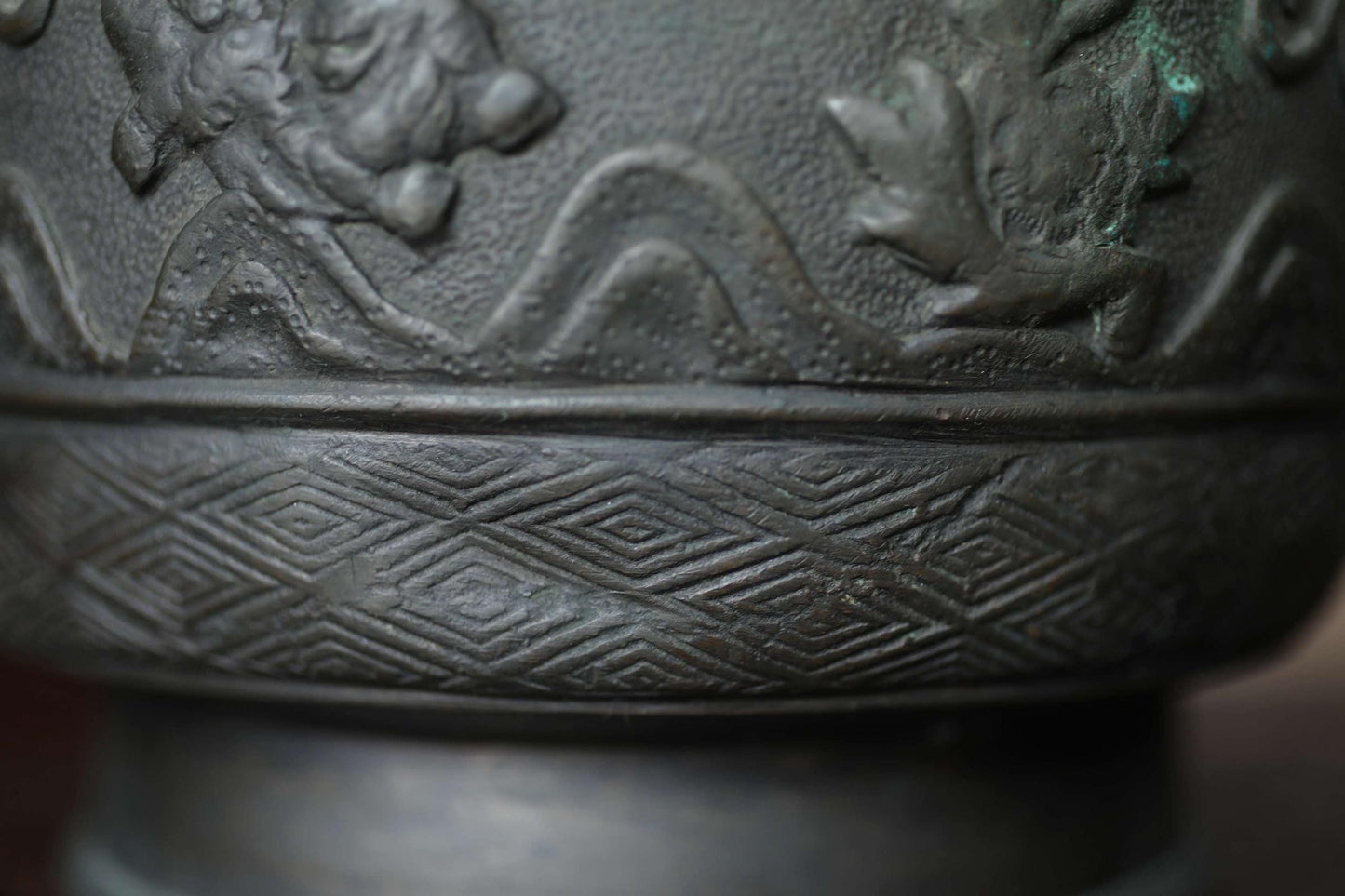 Antique Bronze Censer - Japanese Incense Burner with Lion and Peony Relief