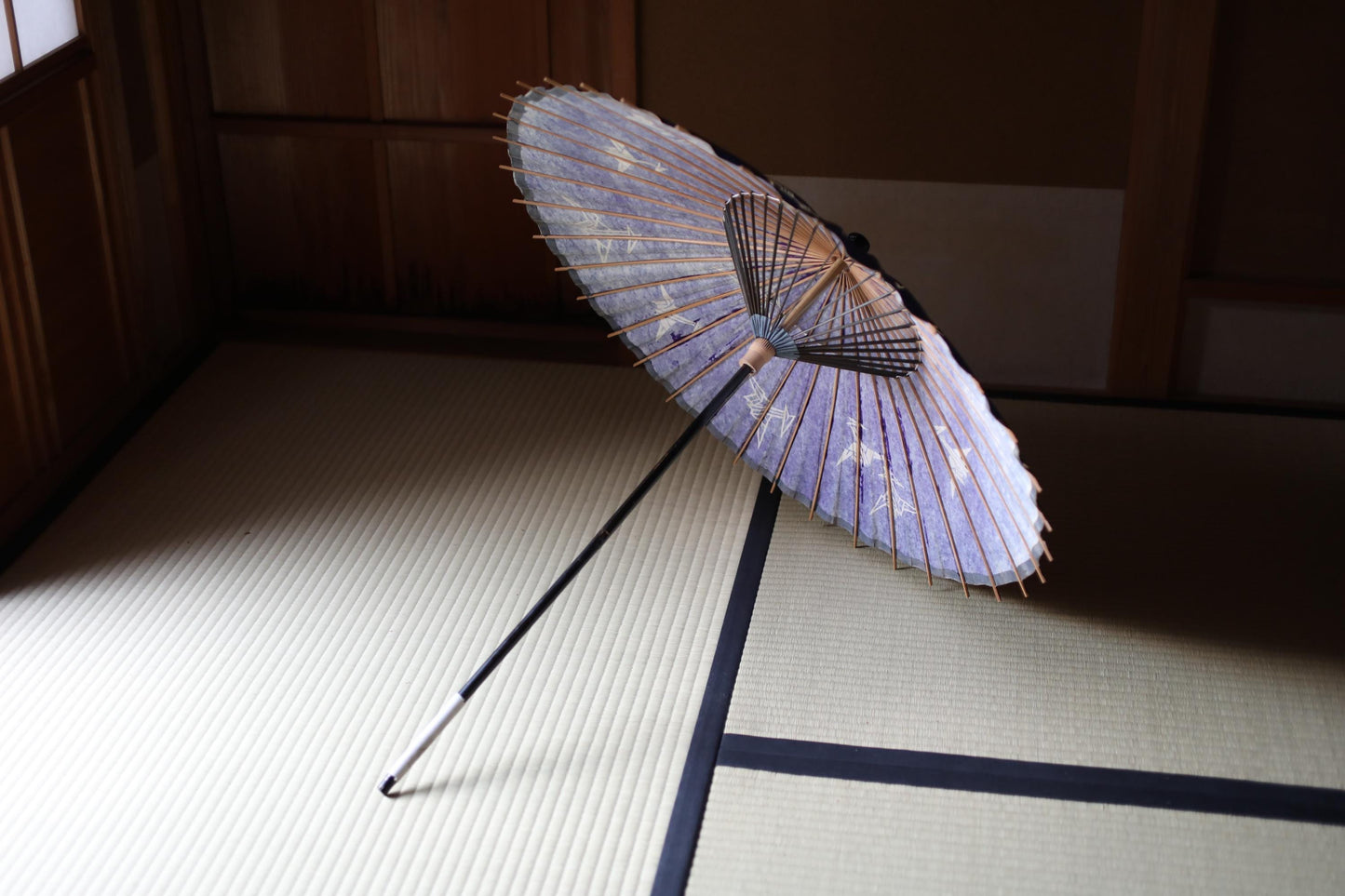 Japanese Bangasa Umbrella - Vintage Paper Parasol with Origami Crane Design & Bamboo Craft
