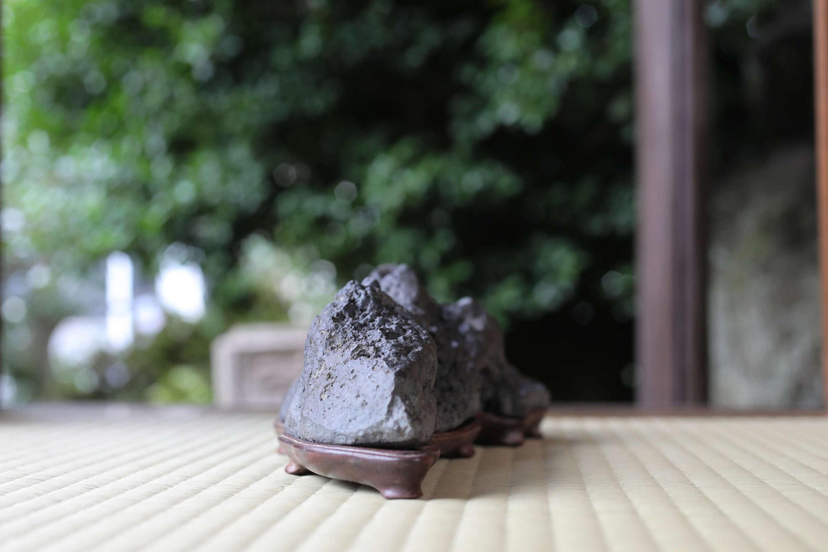 A close-up image of a large, dark rock or stone placed on a wooden stand or tray, with a blurred natural background.