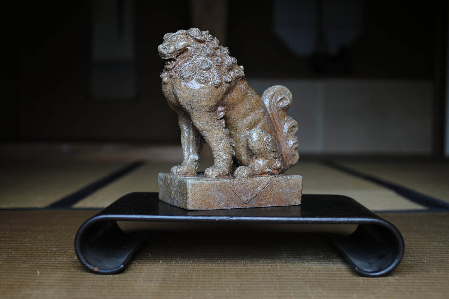 Japanese Bonsai Stand - Black Lacquer Pedestal With Rolled Legs | Vintage Wood Display Table