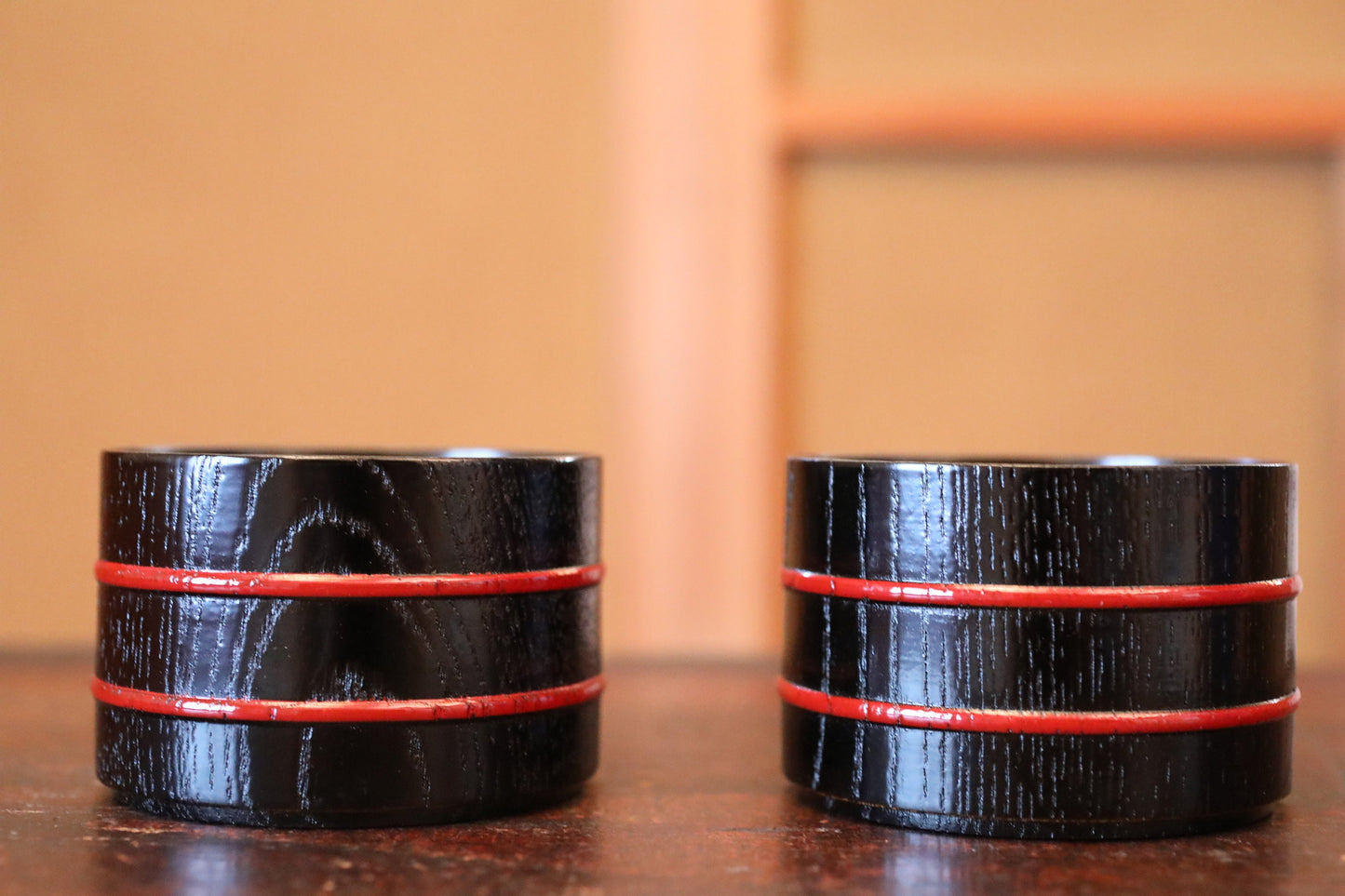 Black Lacquer Sake Coasters – Japanese Wooden Holder With Red Stripe Design