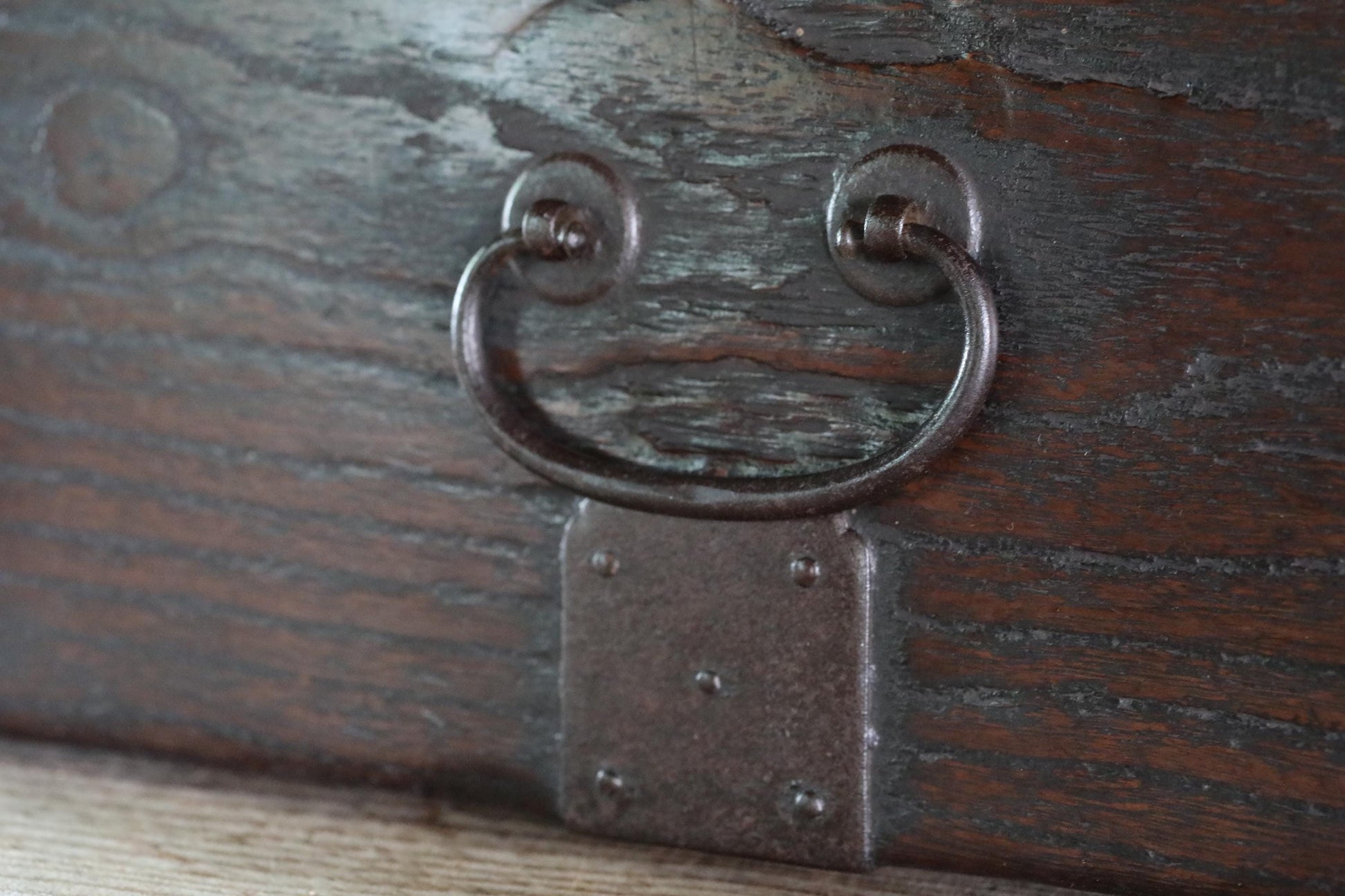 a close-up view of a metal handle and a metal plate attached to a wooden surface.