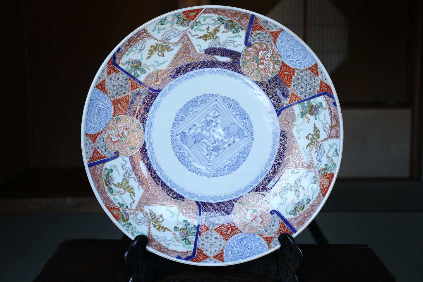 Antique Imari Platter – Large 18in Japanese Porcelain Plate with Phoenix Bird & Flower Design