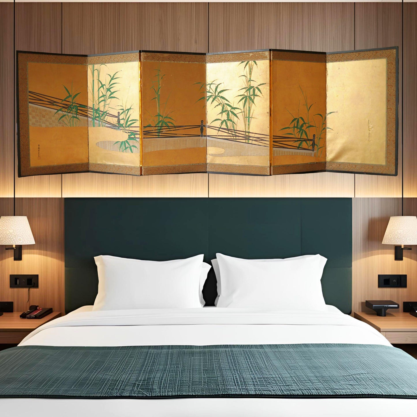 Japanese Gold Leaf Screen - Antique Edo Period Folding Byobu With Bamboo Painting