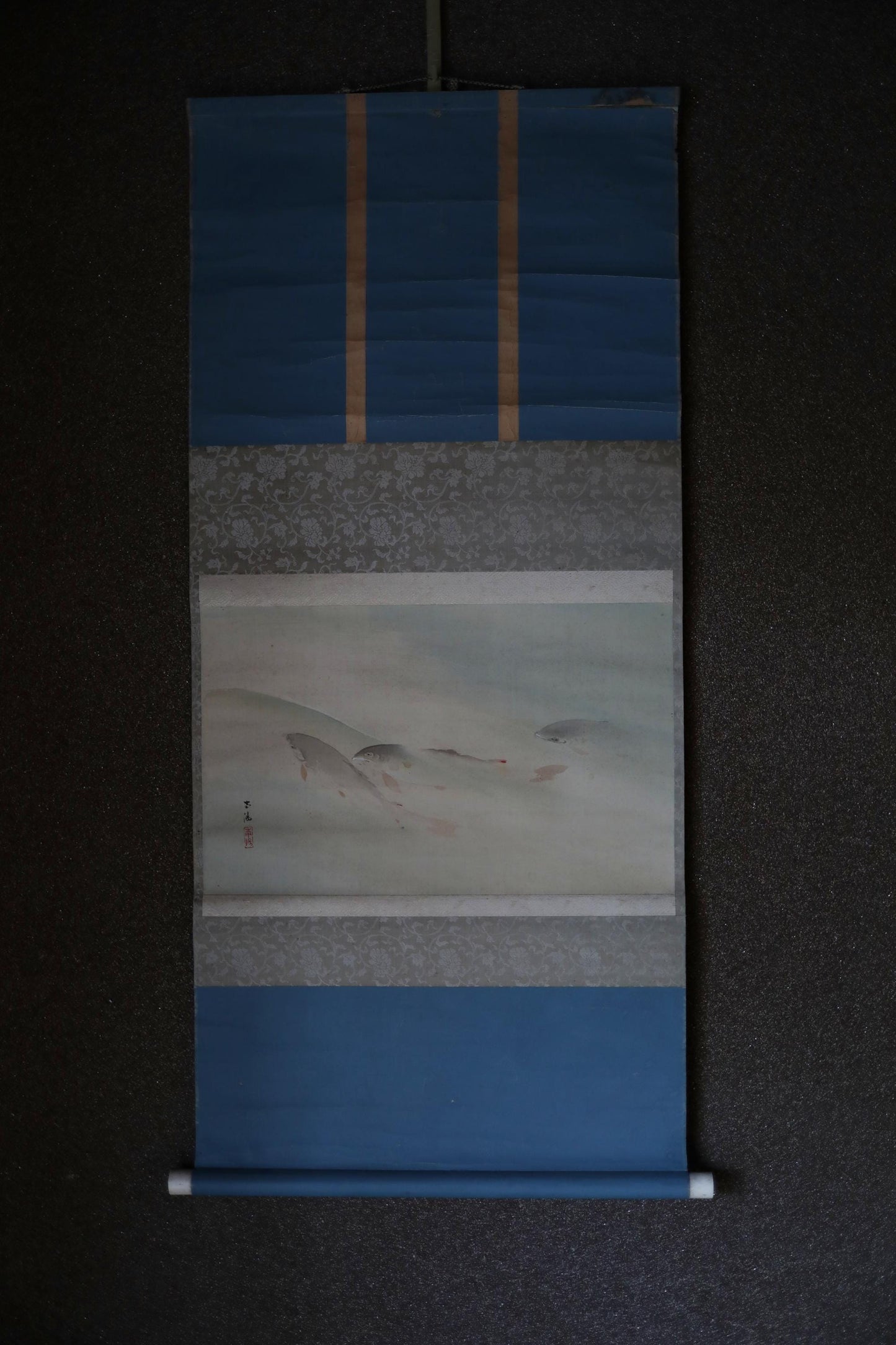 Japanese Watercolor Scroll - Antique Meiji Era Sweetfish Ayu Painting | Signed Kakejiku