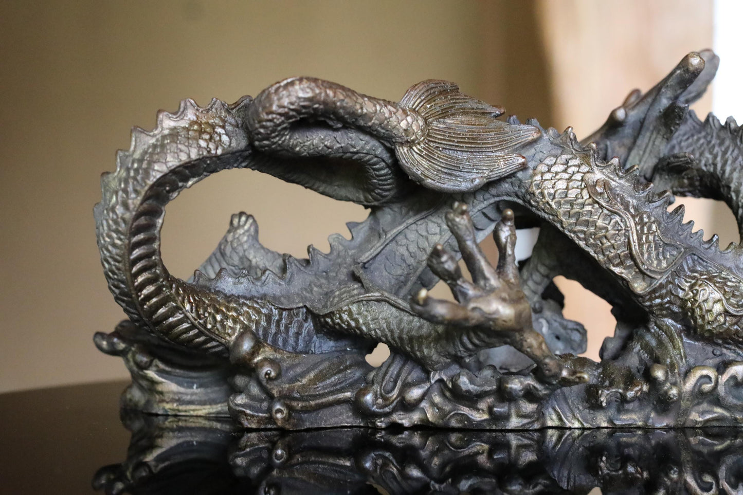 Japanese Dragon Statue - Bronze Dragon Figurine With Crystal Ball, Feng Shui Decor