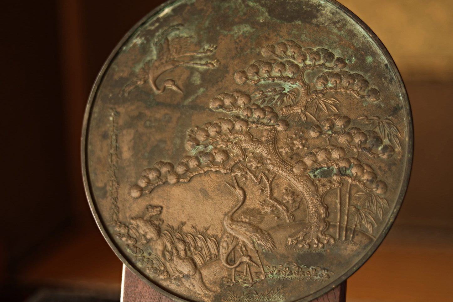Antique Japanese Mirror - Bronze Mirror With Samurai Crest Case & Cranes Relief