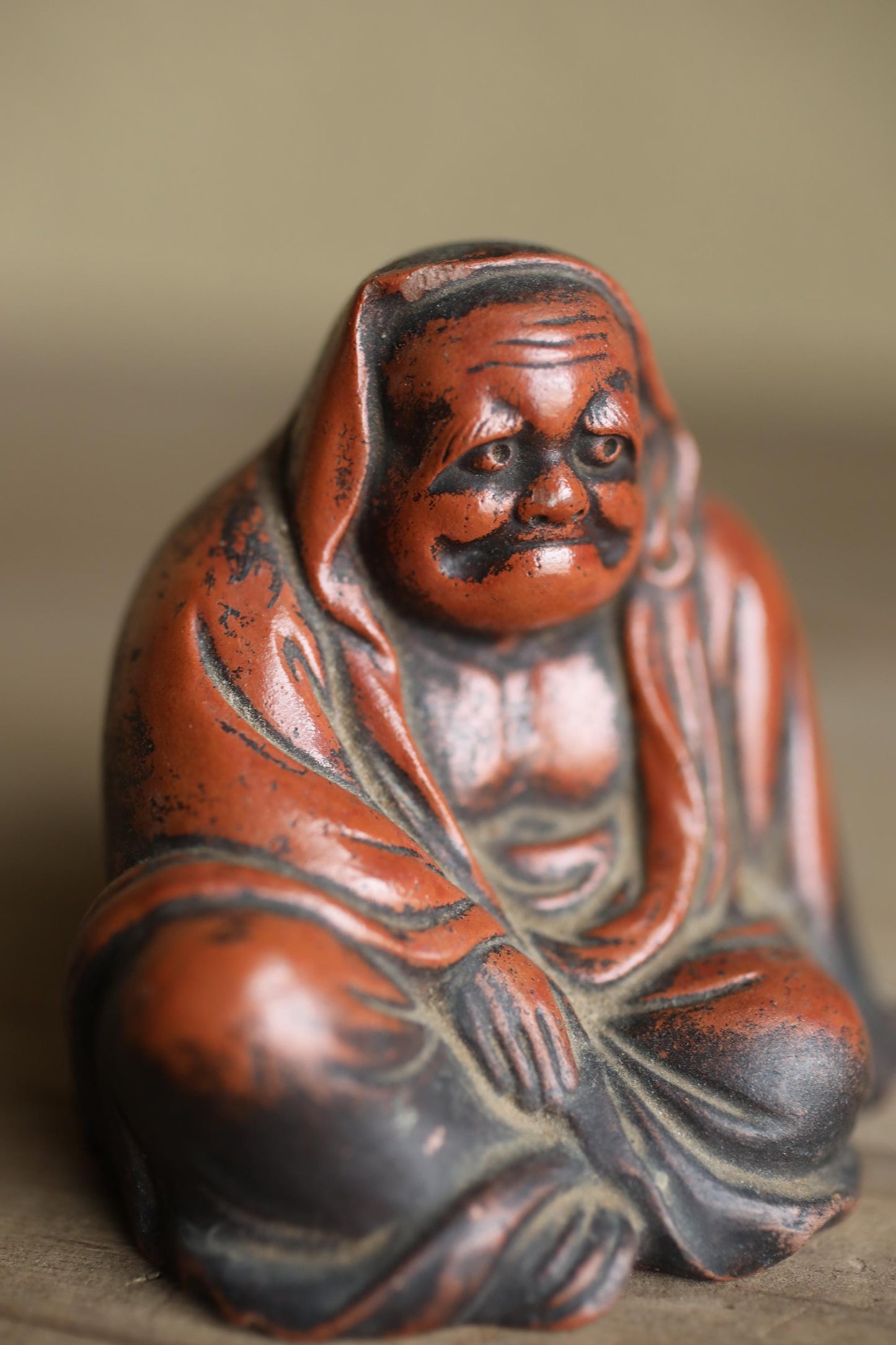 Japanese Daruma Statue - Antique Bizen Ware Pottery Zen Monk Figurine Gift