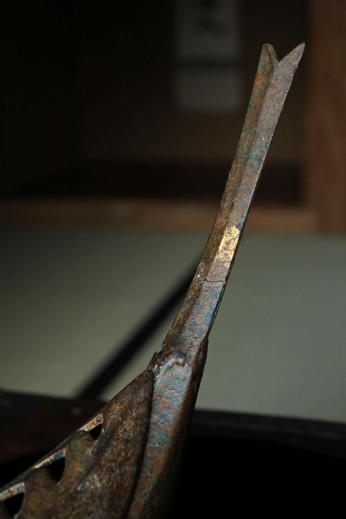 A close-up view of a rusted metal object, possibly a tool or instrument, with a sharp, pointed end.