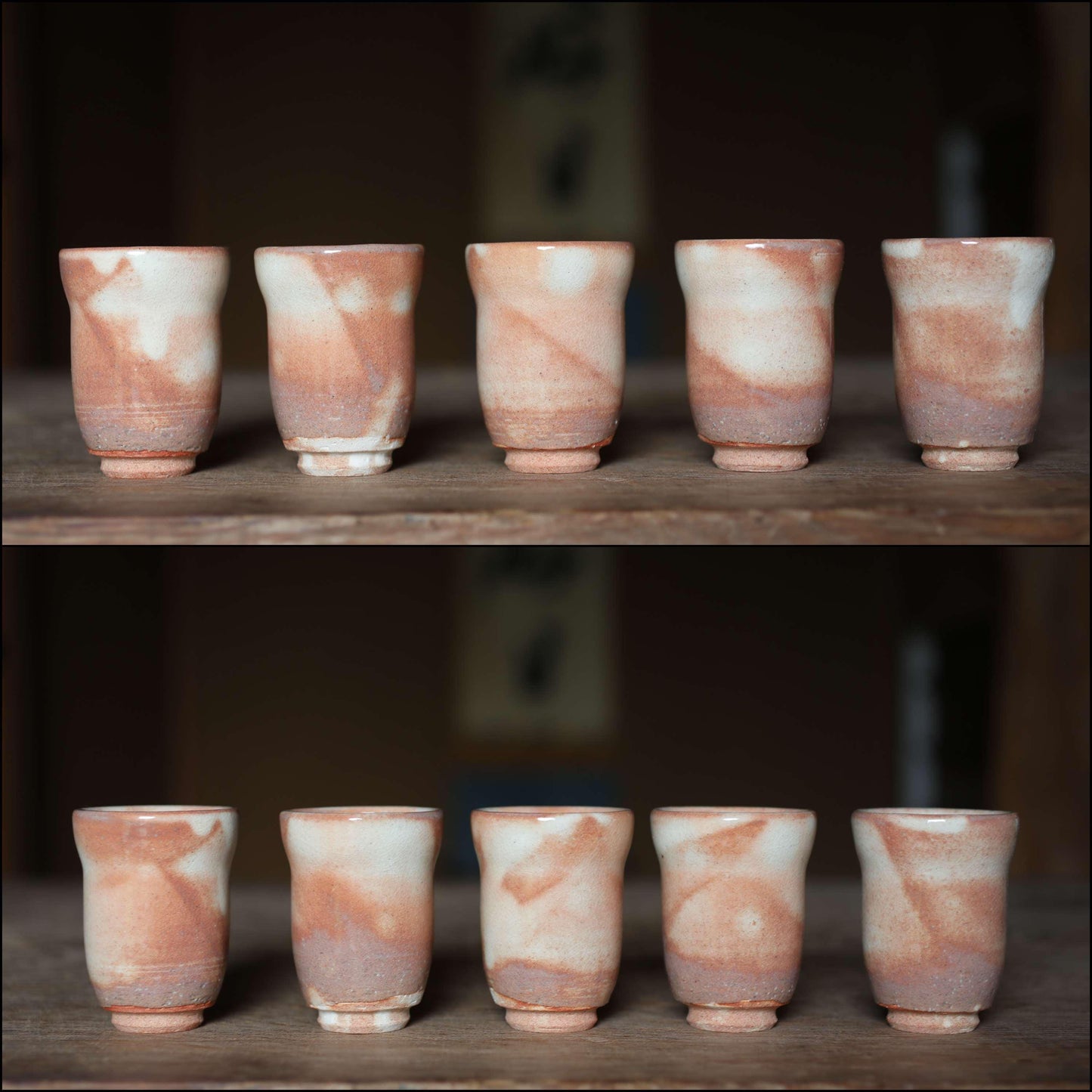 Vintage Hagi Ware Tea Cups Set of 5 - Japanese Ceramic Yunomi With Signed Wooden Box