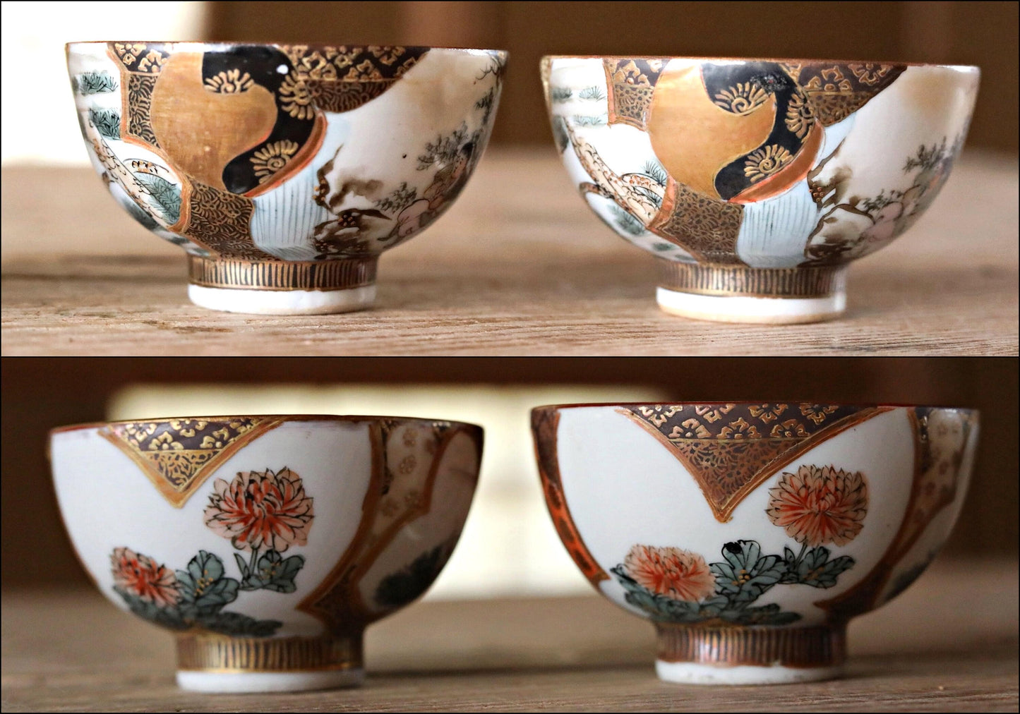 Kutani Antique Tea Cups - Hand-Painted Crane & Flower Porcelain Set of 4