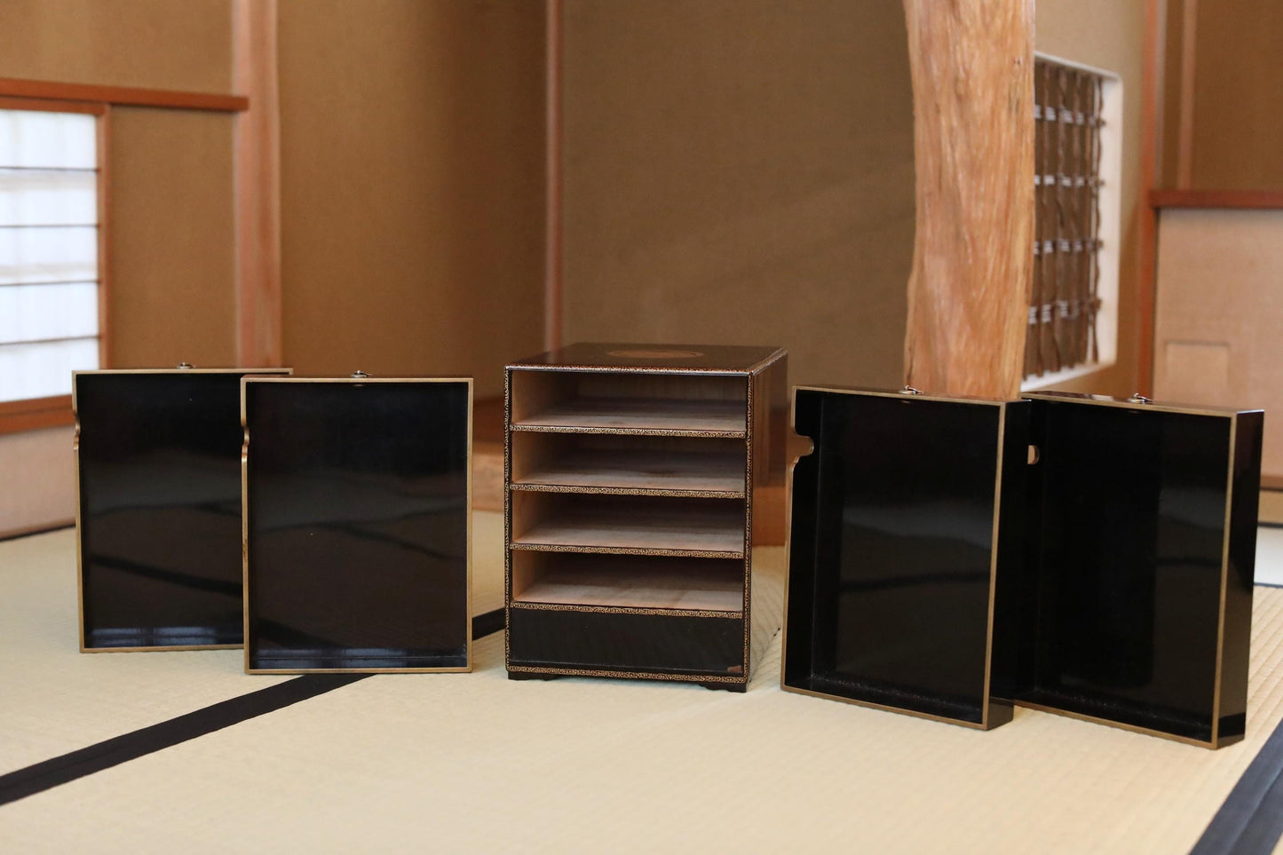 Tansu Chest: Black Lacquer Japanese Temple Chest With Gold Makie Family Crest & Glossy Finish