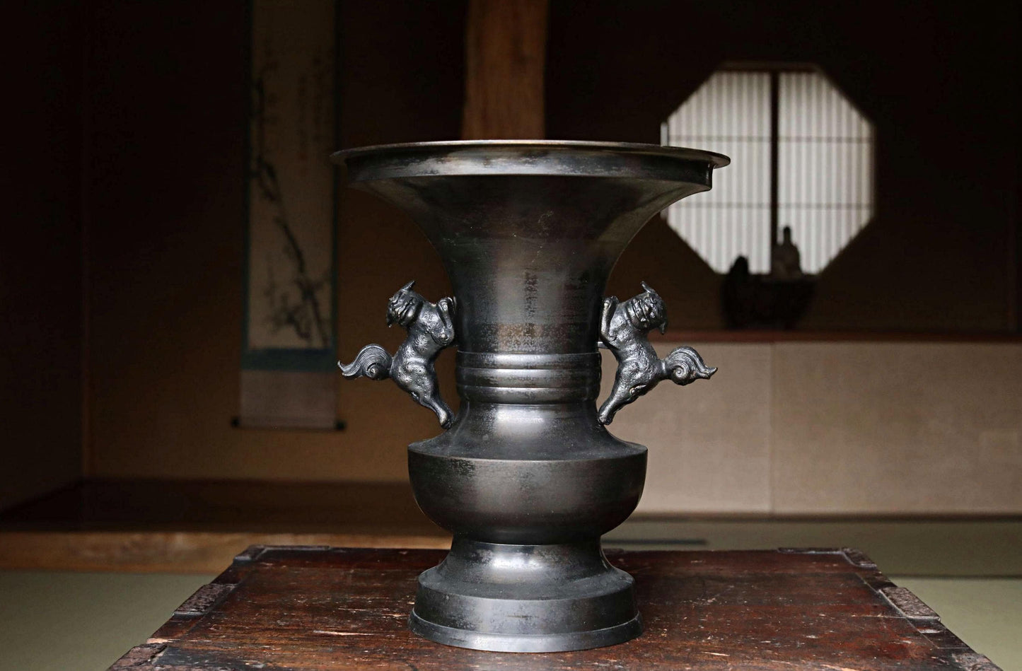 Vintage Japanese Bronze Vase – Large Ikebana Vessel with Shishi Lion Handles