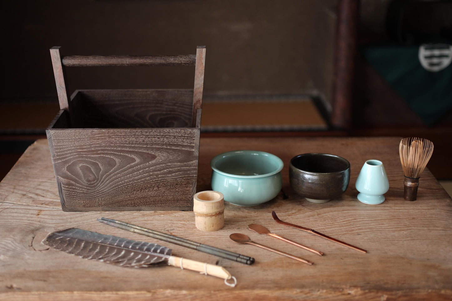 Japanese Tea Utensil Set – Traditional Matcha Preparation Set with Charcoal Box & Feather Brush