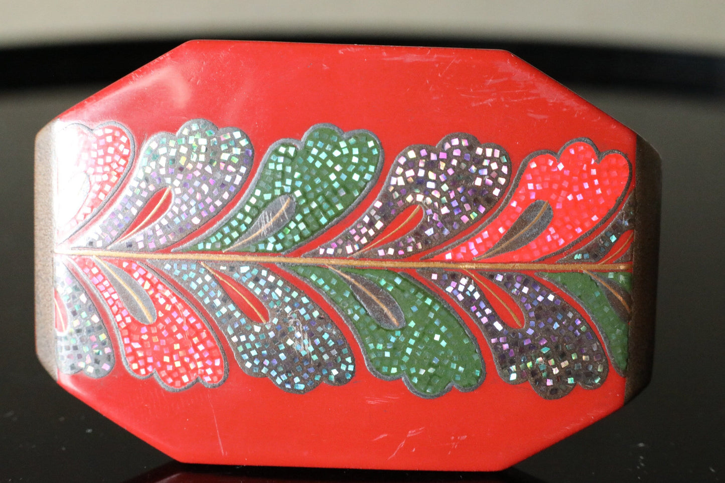 Japanese Obidome Antique Kimono Buckle – Urushi Lacquer, Mother-of-Pearl Accessory, 1920s