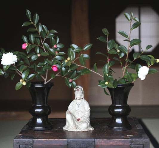 Vintage Bronze Vase Pair – Japanese 1970s Buddhist Altar Vases | Tapered Heavy Metal Decor