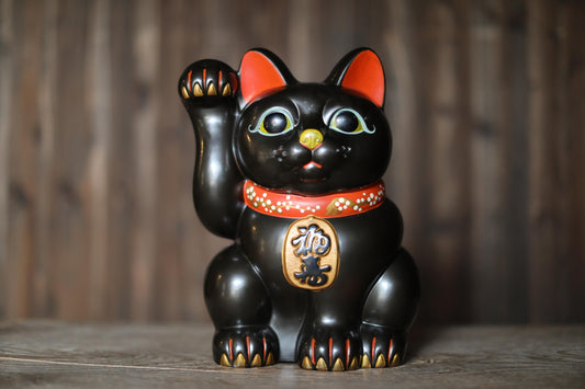 Black Maneki Neko - Large Ceramic Money Box | Vintage Japanese Lucky Cat Statue