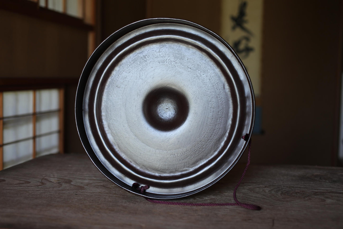 Japanese Bronze Gong - Large Antique Tea Ceremony Bell with Leather Striker | Vintage Buddhist Instrument 13.2in