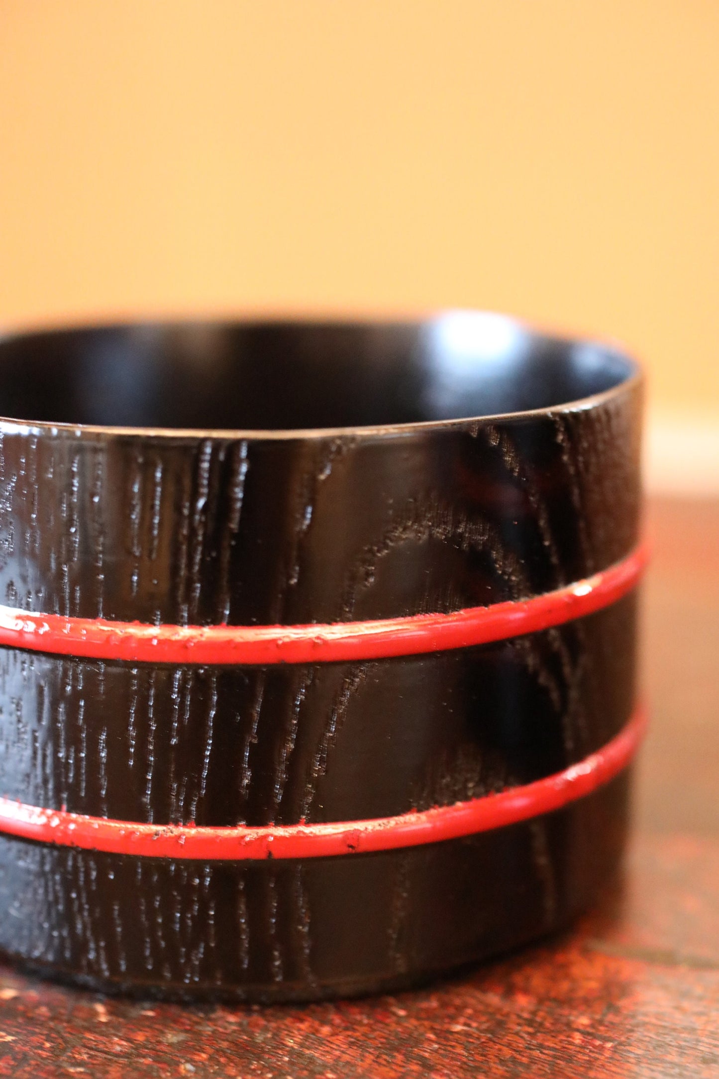 Black Lacquer Sake Coasters – Japanese Wooden Holder With Red Stripe Design