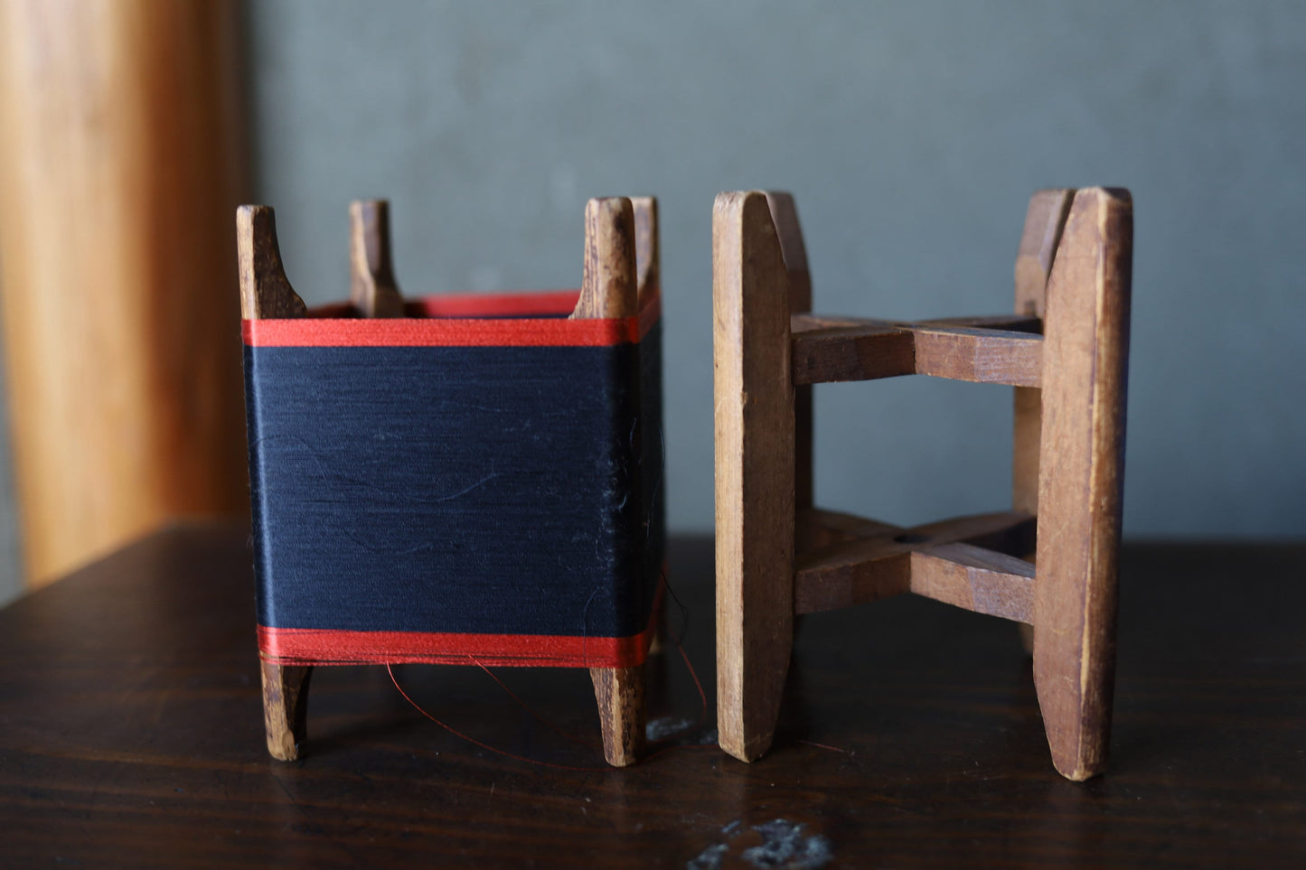 Vintage Wooden Spool - Japanese Silk Bobbin Pair with Loom Parts Set & Craft Plant Stand