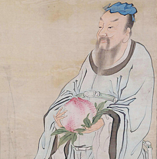 Japanese Antique Scroll - Signed Kakejiku Hermit Zen Painting With Peach Symbol