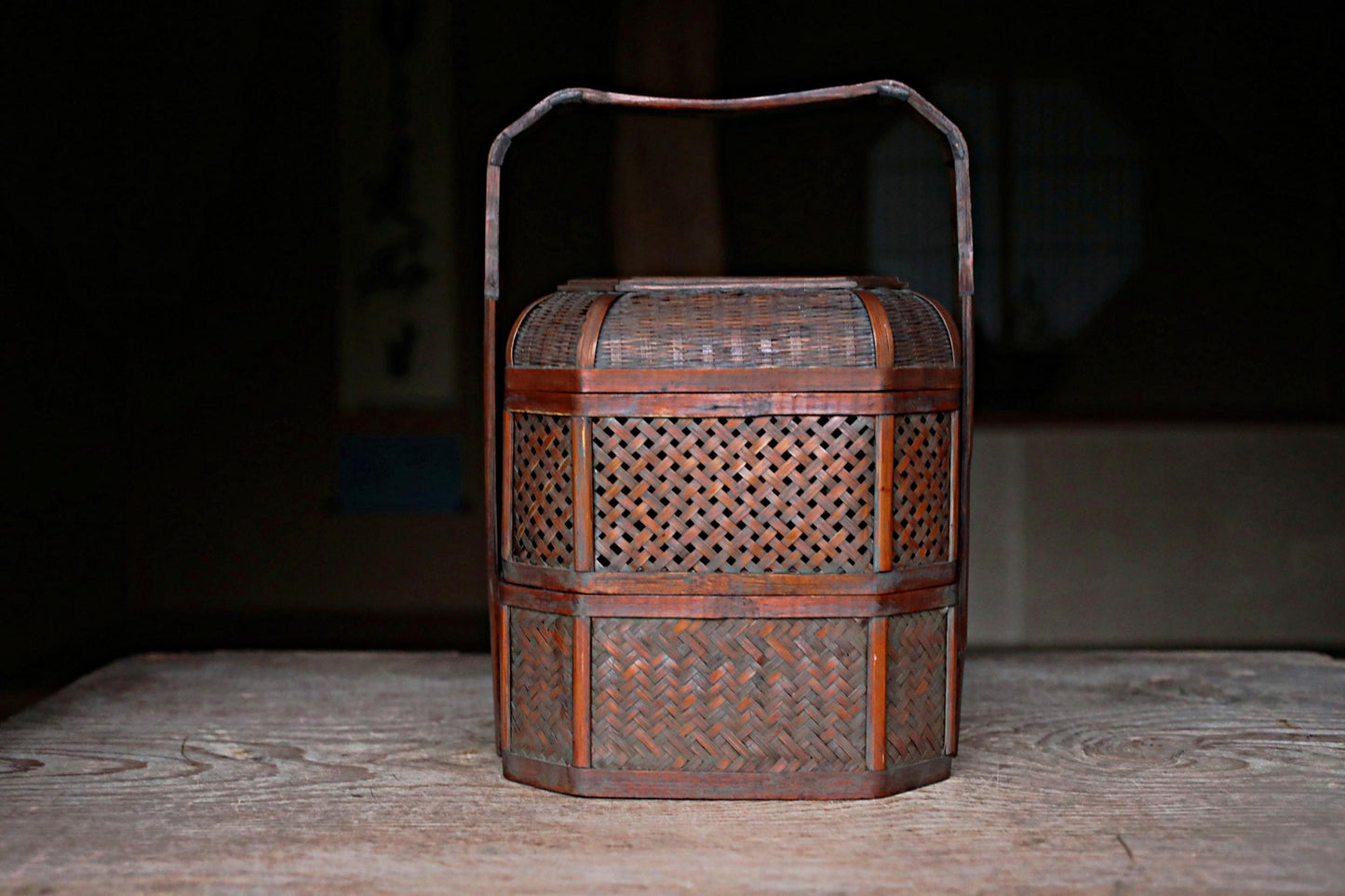 Vintage Bamboo Basket | Japanese Antique Basket, Woven Bamboo Box & Traditional Tea Carrier