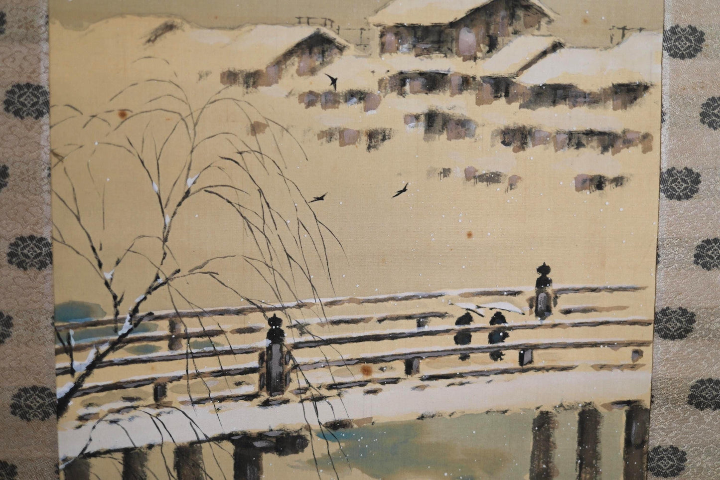 Japanese Antique Scroll - Kyoto Snow Painting on Silk and Paper, Signed Hirai Baisen Artwork