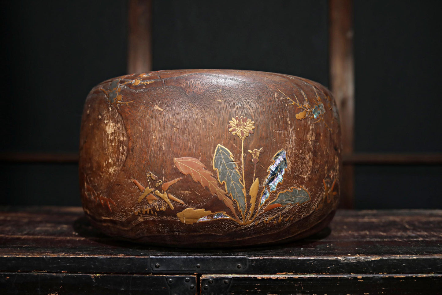 Antique Japanese Hibachi | Traditional Charcoal Brazier with Makie Quail & Plum Blossom Inlay
