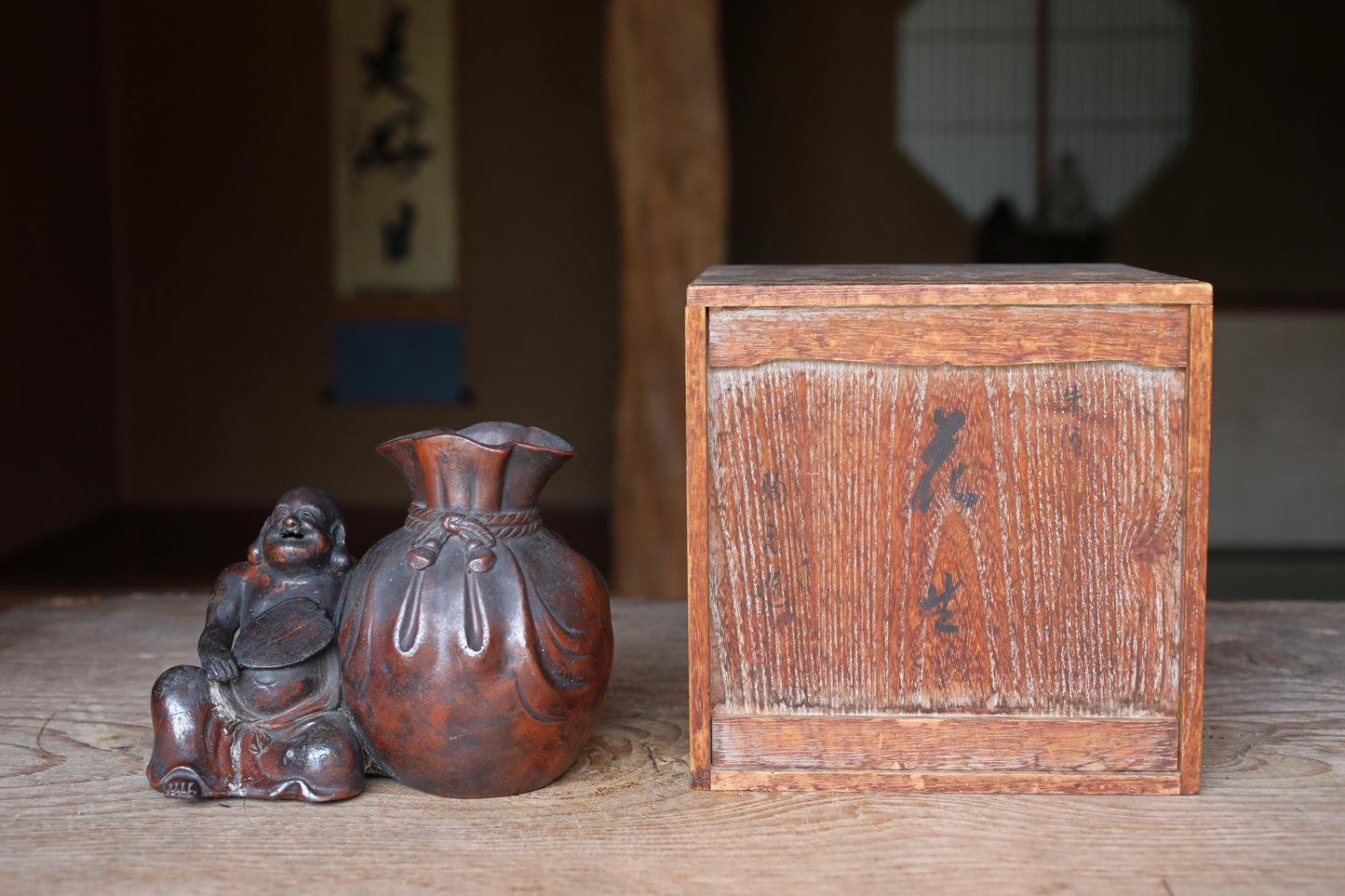 Antique Hotei Figurine – Edo Period Japanese Pottery Coin Box With Wooden Gift Box