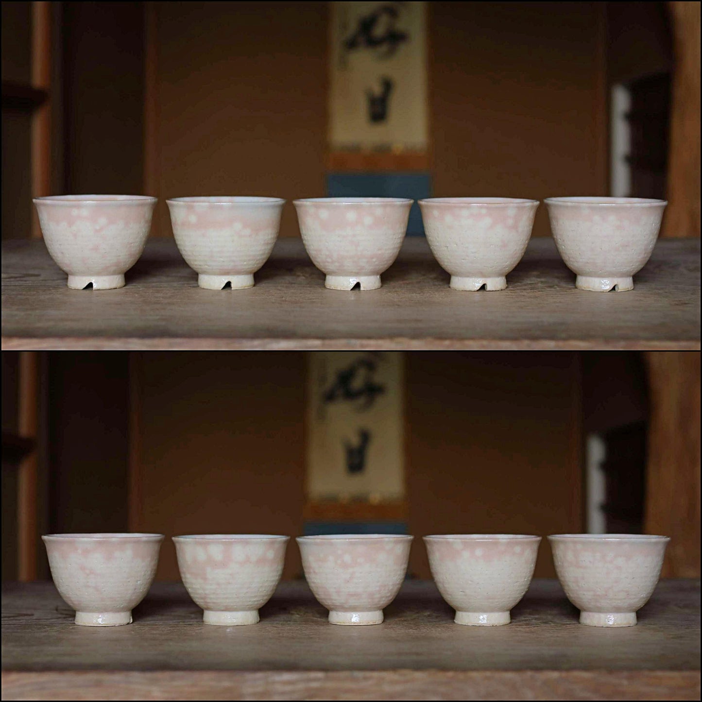Vintage Hagi Ware Tea Cups - Set of Five Handmade Ceramic Yunomi Cups with Wooden Box