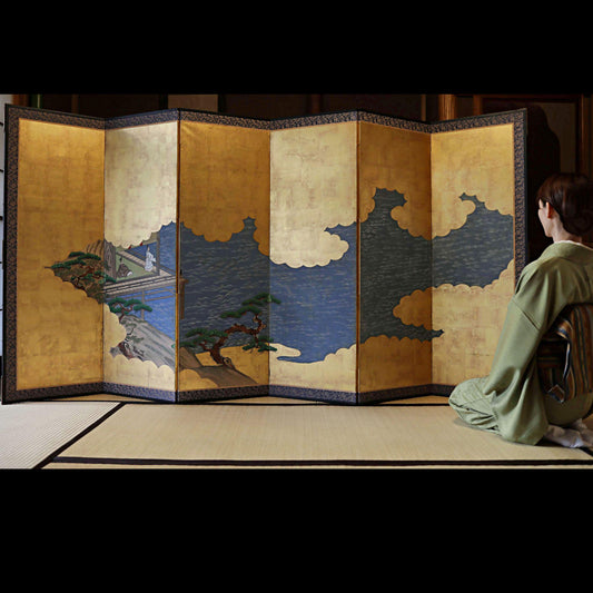Japanese Antique Byobu Screen - Hand Painted Gold Leaf Folding Screen Artwork
