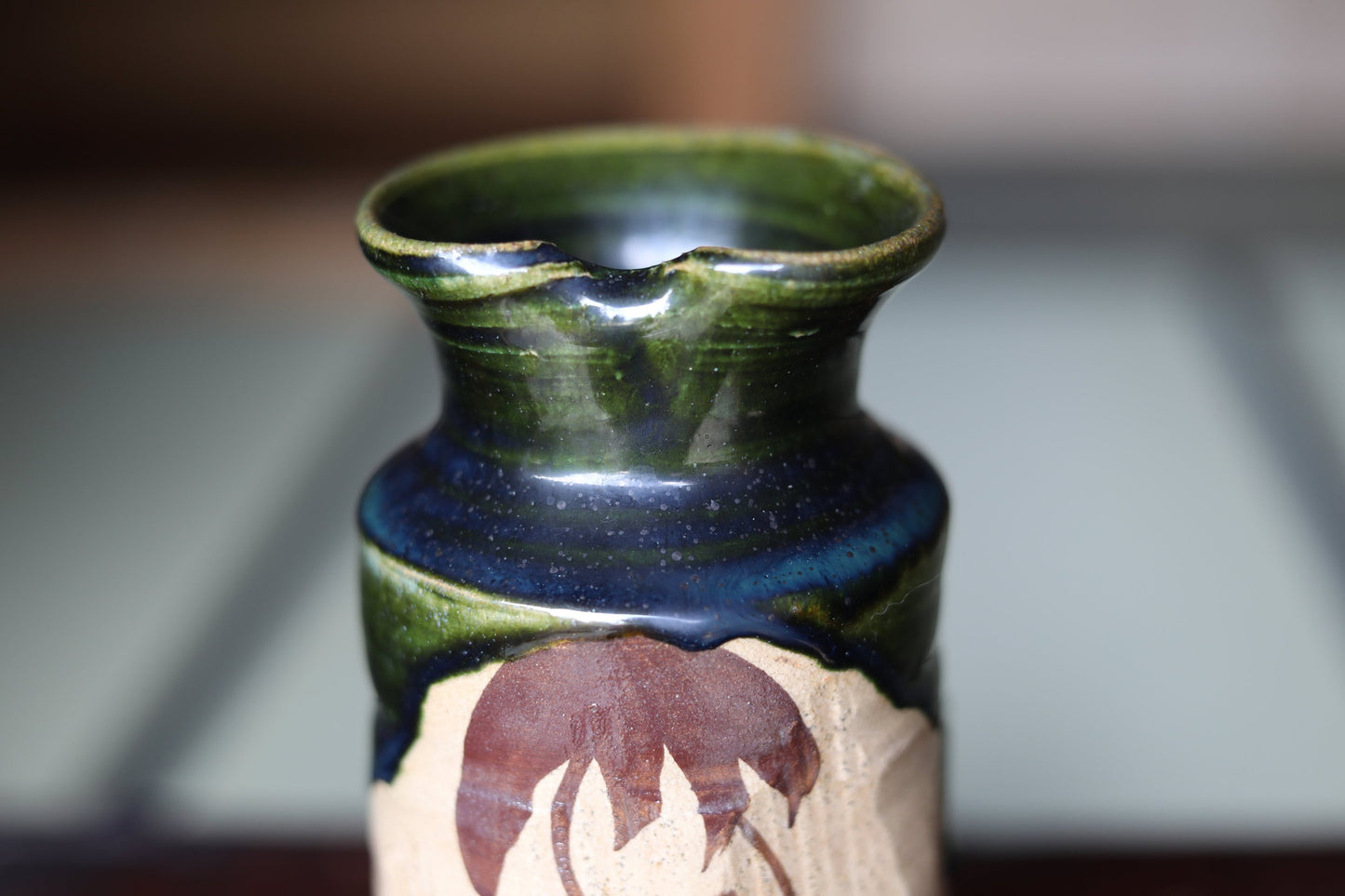 Oribe Ware Vase - Handmade Japanese Vintage Ceramic Vase | Green Glaze Ikebana Flower Stoneware