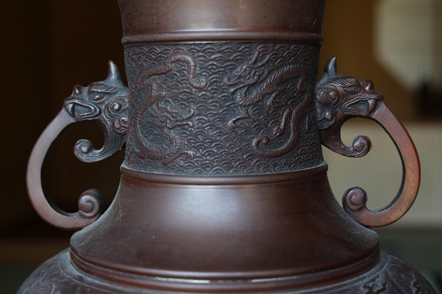 Japanese Bronze Vase – Vintage Dragon Phoenix Relief | Takaoka Copper Art 1950s