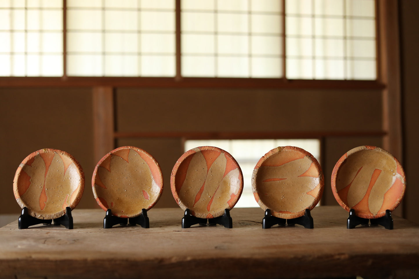 Shigaraki Ware Plates – Set of Five Vintage Japanese Ceramic Plates with Gold Kintsugi Repair
