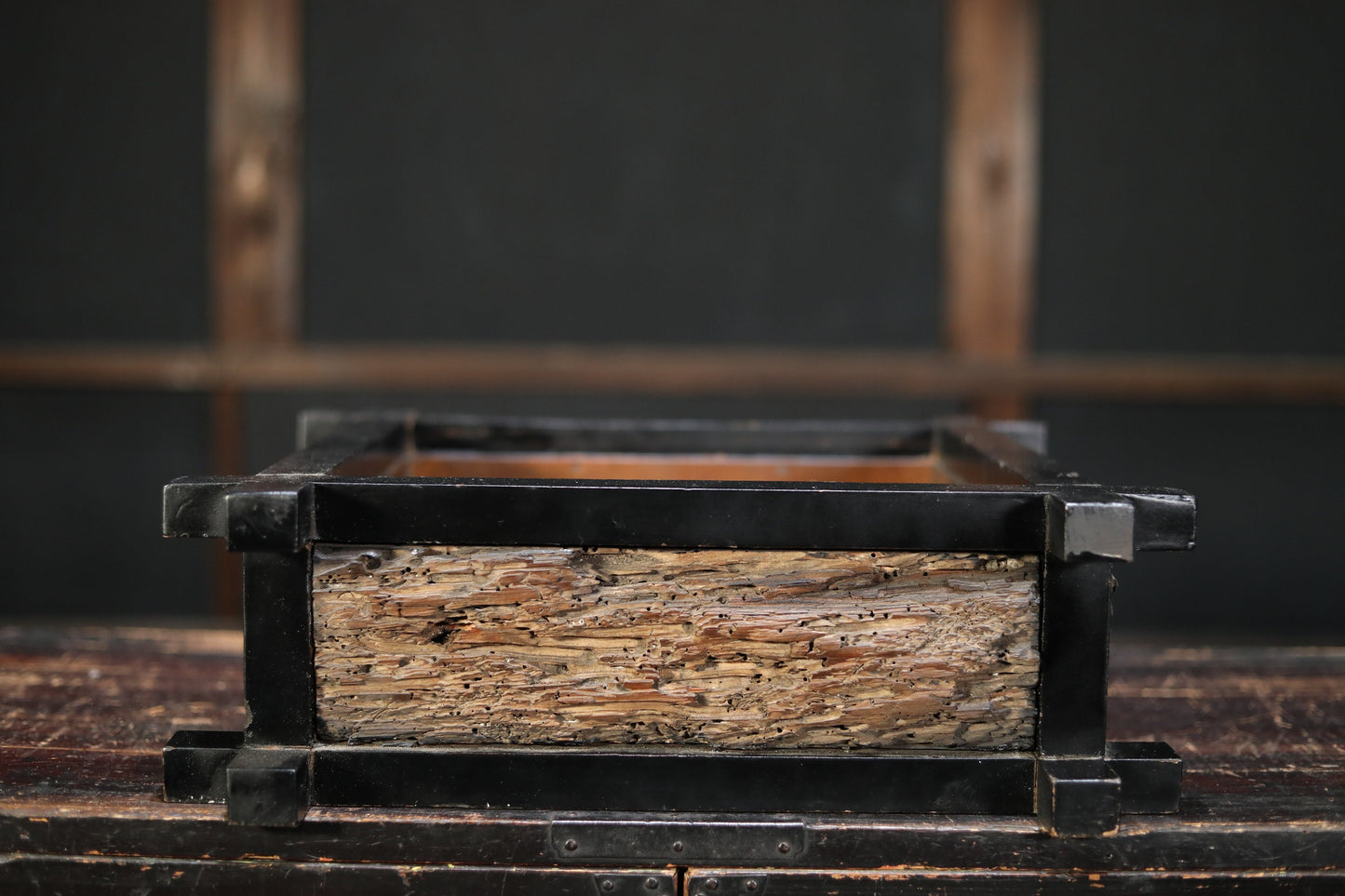Japanese Hibachi Brazier | Antique Wood Lacquer Hibachi With Bronze Suiban Vase For Ikebana