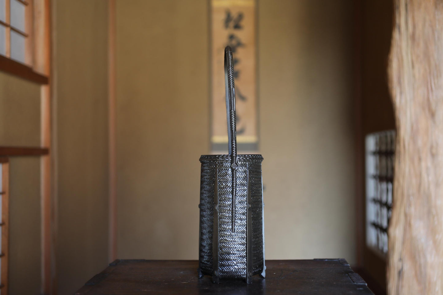 Takaoka Bronze Vase - Japanese Antique Bamboo Basket Vase | Ikebana Flower Holder H16.5in