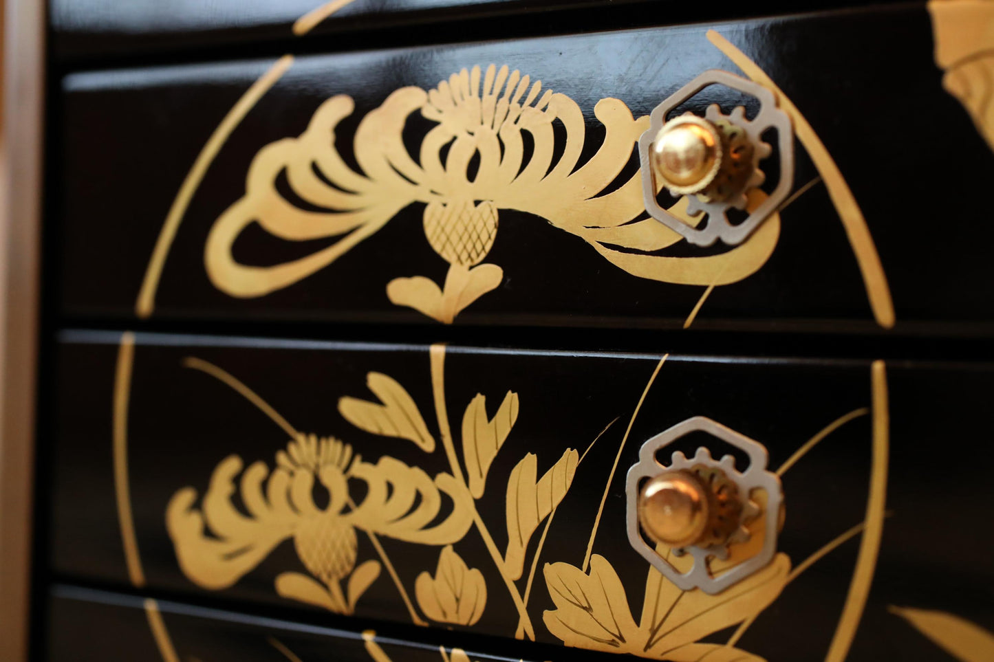 Vintage Tansu Chest - Black Lacquer Chest With Gold Makie Design | Five Drawer Japanese Antique Furniture